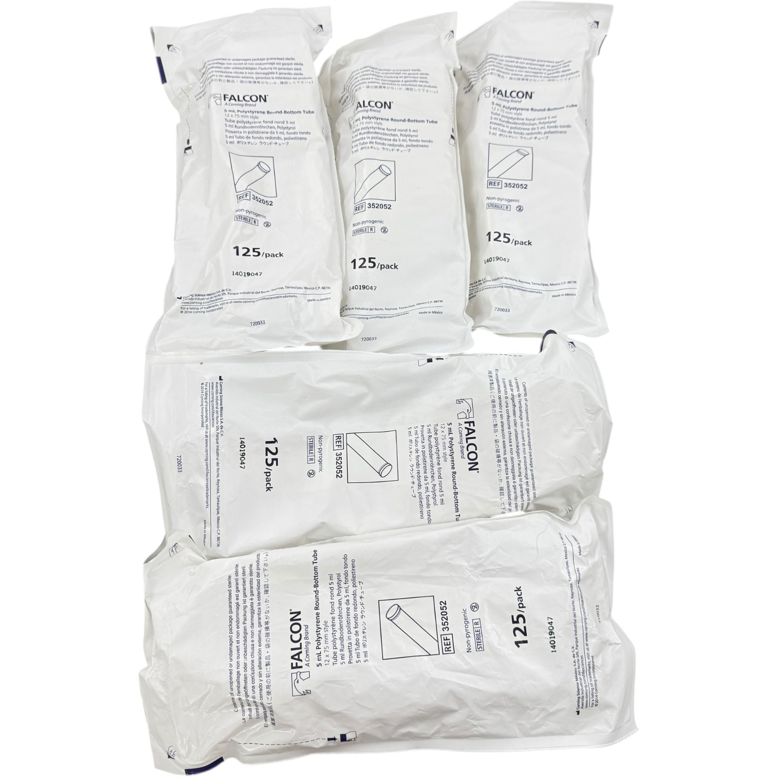5 Pack of BD Falcon 5ml Polystyrene Round Bottom Tube 12x75mm 125 per Pack