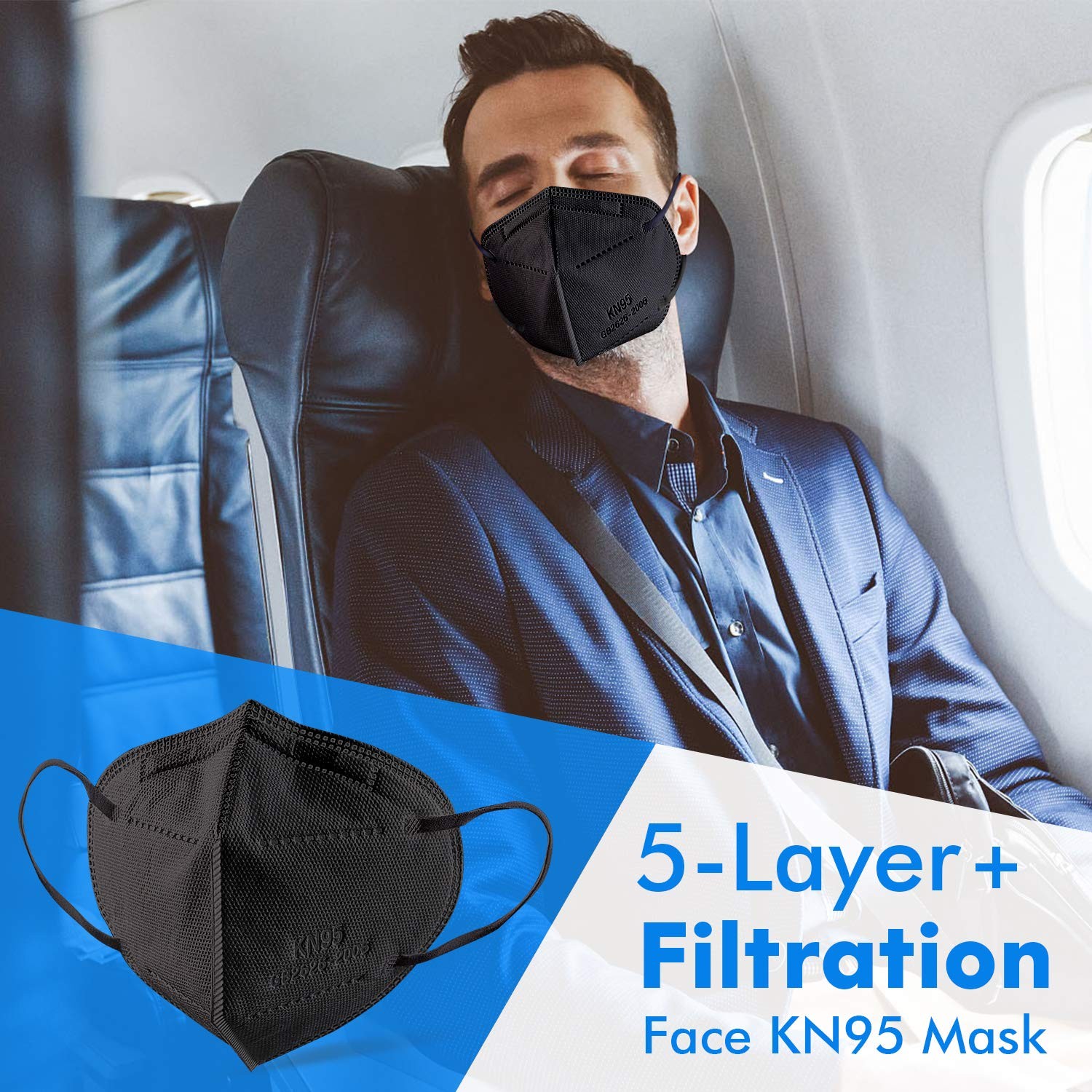 Enlove KN95 Face Mask Black 50 Pack, 5Layer Filter Efficiency≥95% Face Masks