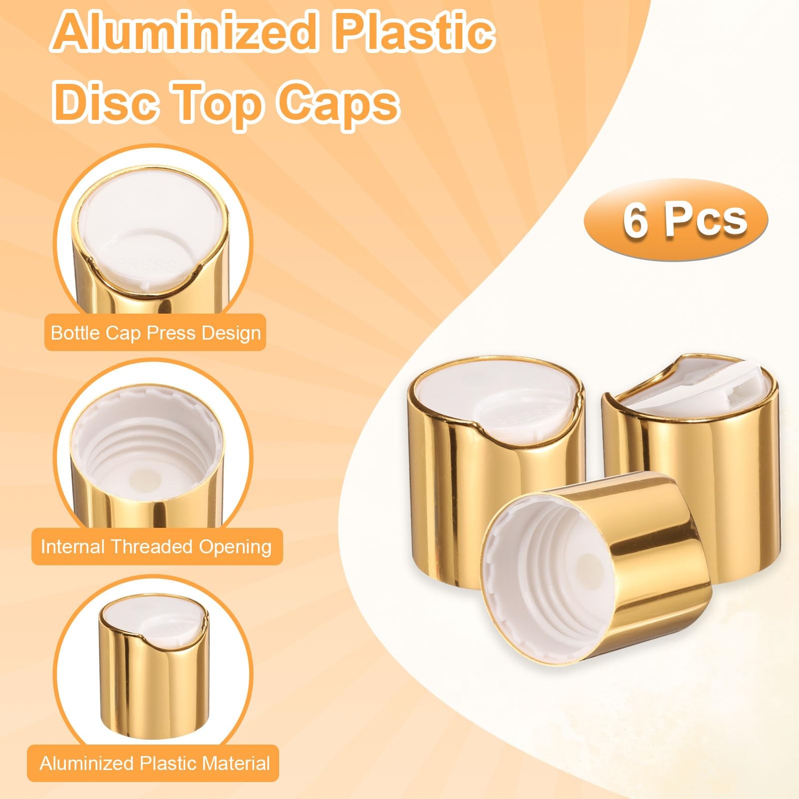 uxcell 6pcs Aluminized Plastic Disc Top Caps, 24/410 24/410, Gold White