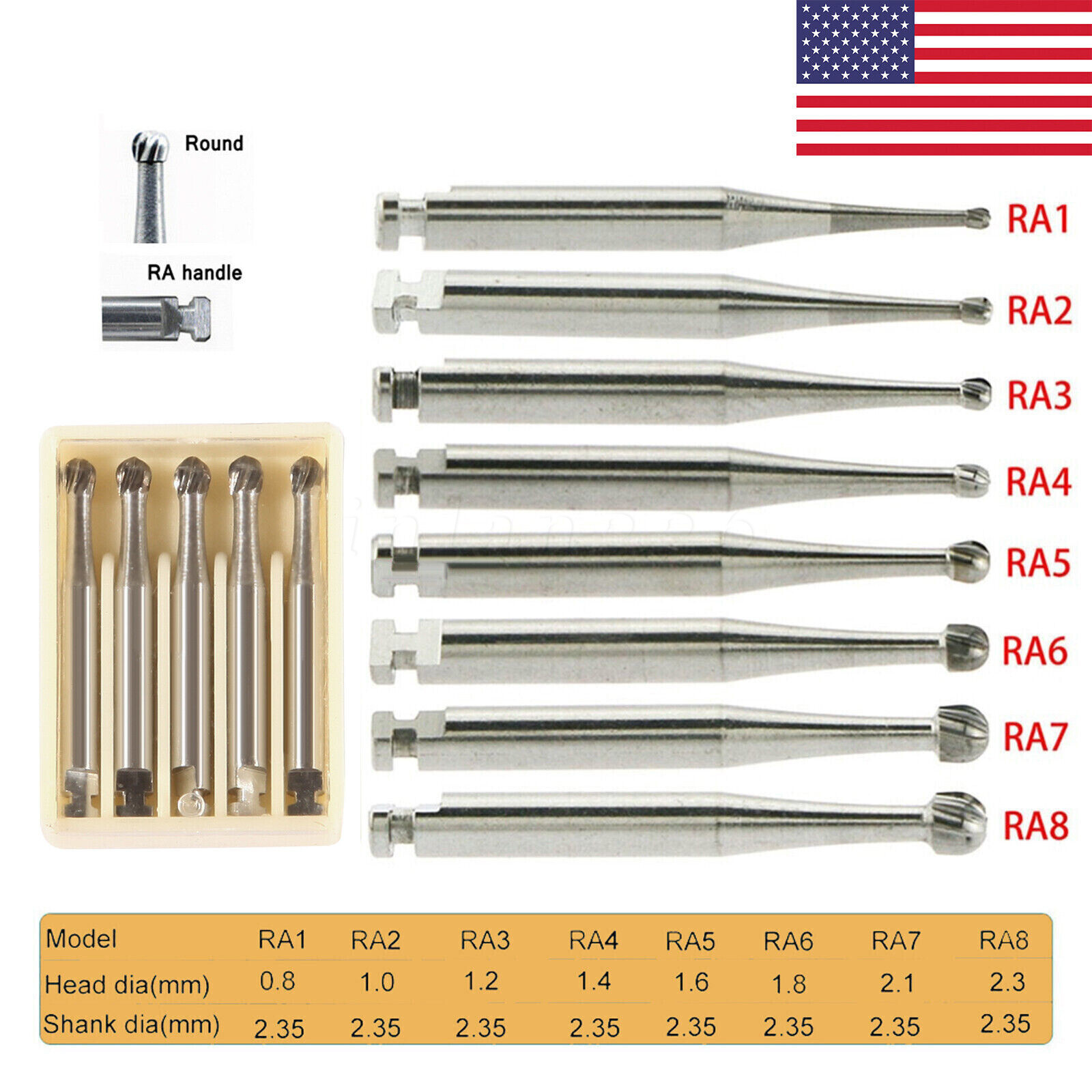 50PC Dental Tungsten Steel Carbide Burs Low Speed Round ball shape RA 1~8 22.5mm