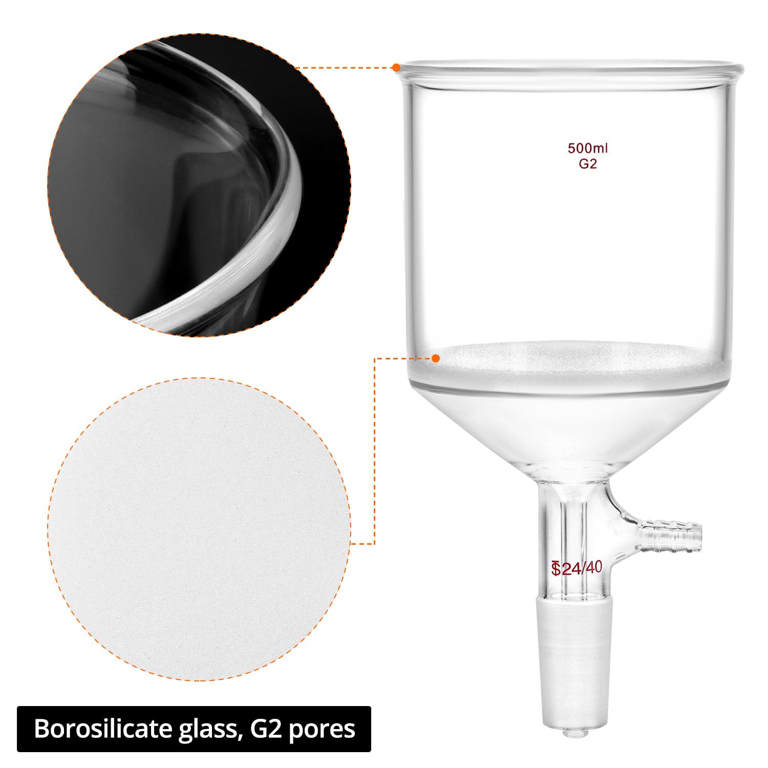 500Ml Borosilicate Glass Buchner Filtering Funnel with Medium Frit (G2) – 24/40