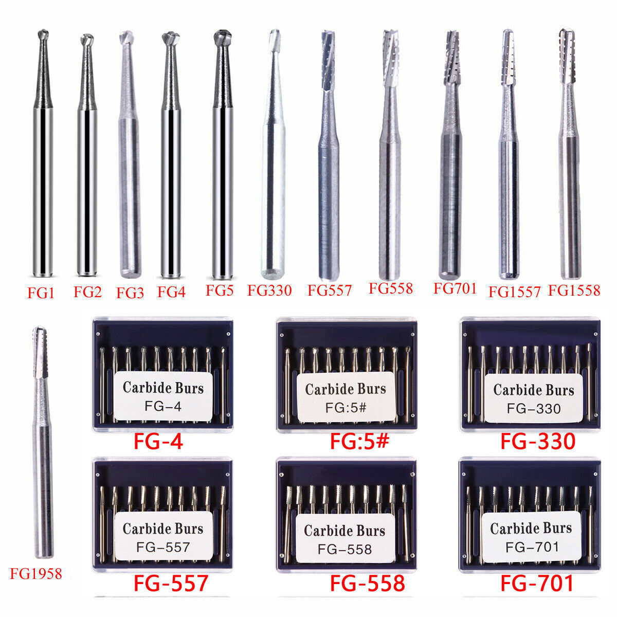 Fresas redondas de carburo de tungsteno dental FG1-FG5 Alta velocidad 10Pcs FXA