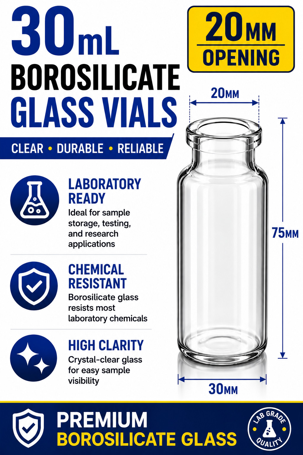 30ml Clear Glass Tubular Vial – 20mm Top – Sample / Lab Storage Vilas