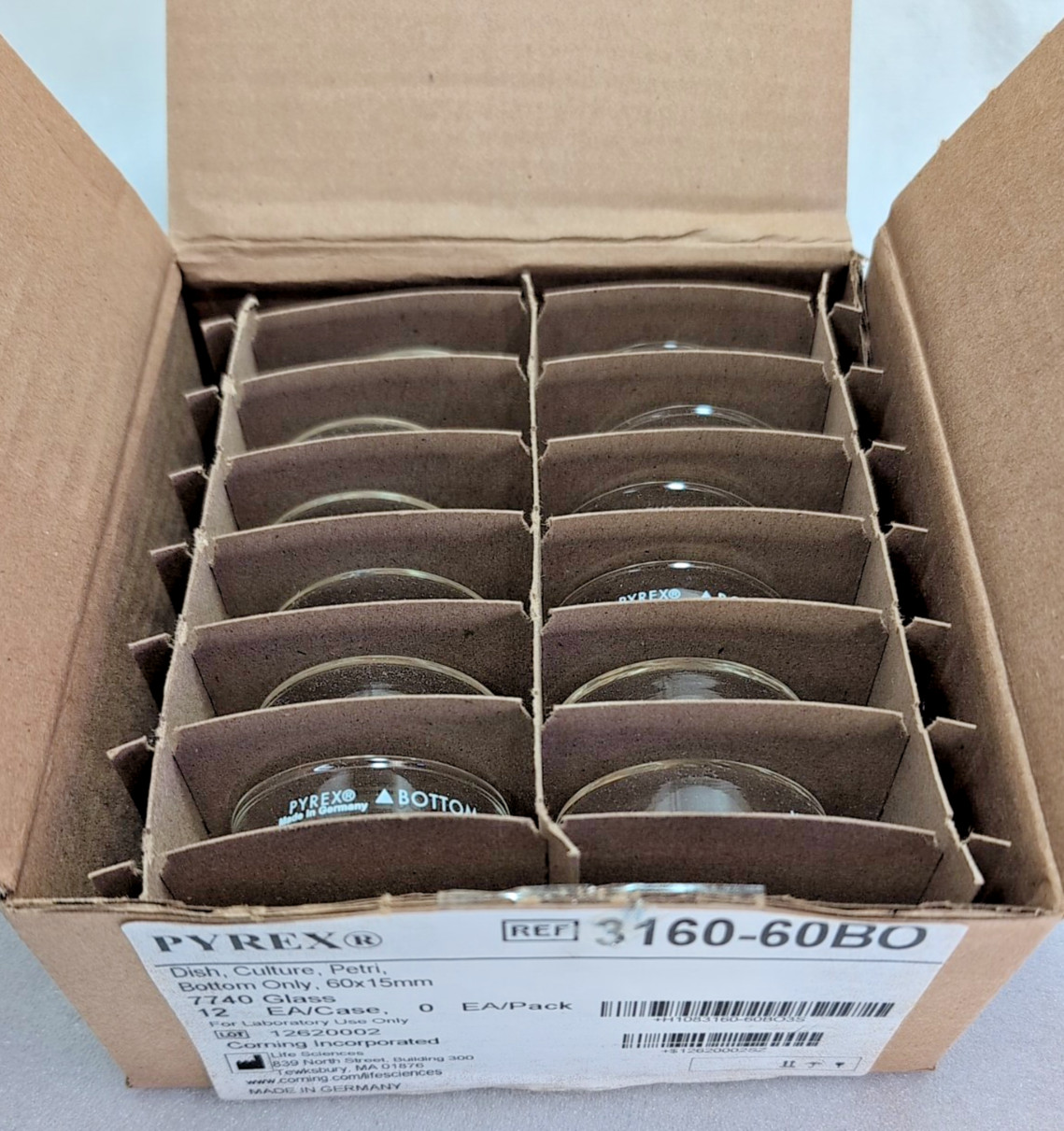 Corning PYREX Glass 60 x 15mm Petri Culture Dish Bottom 3160-60BO Box of 12