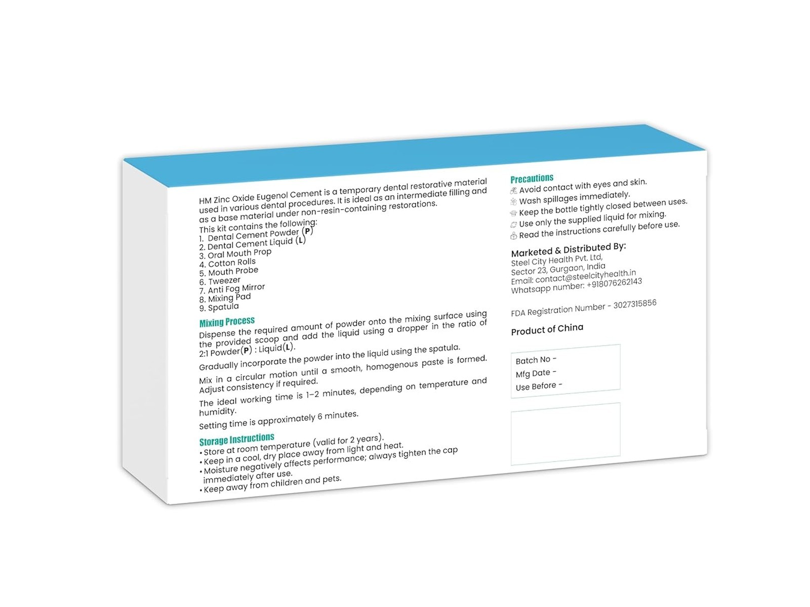 Dental Cement Kit Zinc Oxide Eugenol for Crown Filling Bridge Repair Self Curing