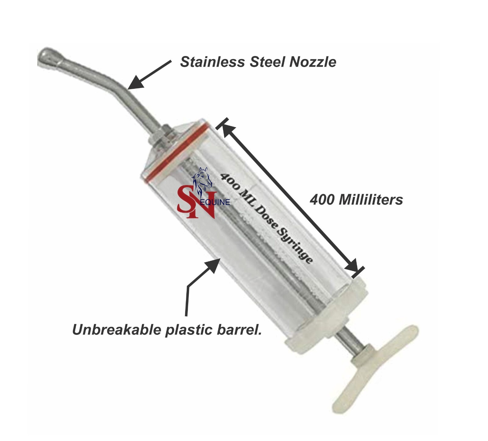 Equine Plastic Dose Syringe 400mL, Stainless Steel Nozzle, Dental