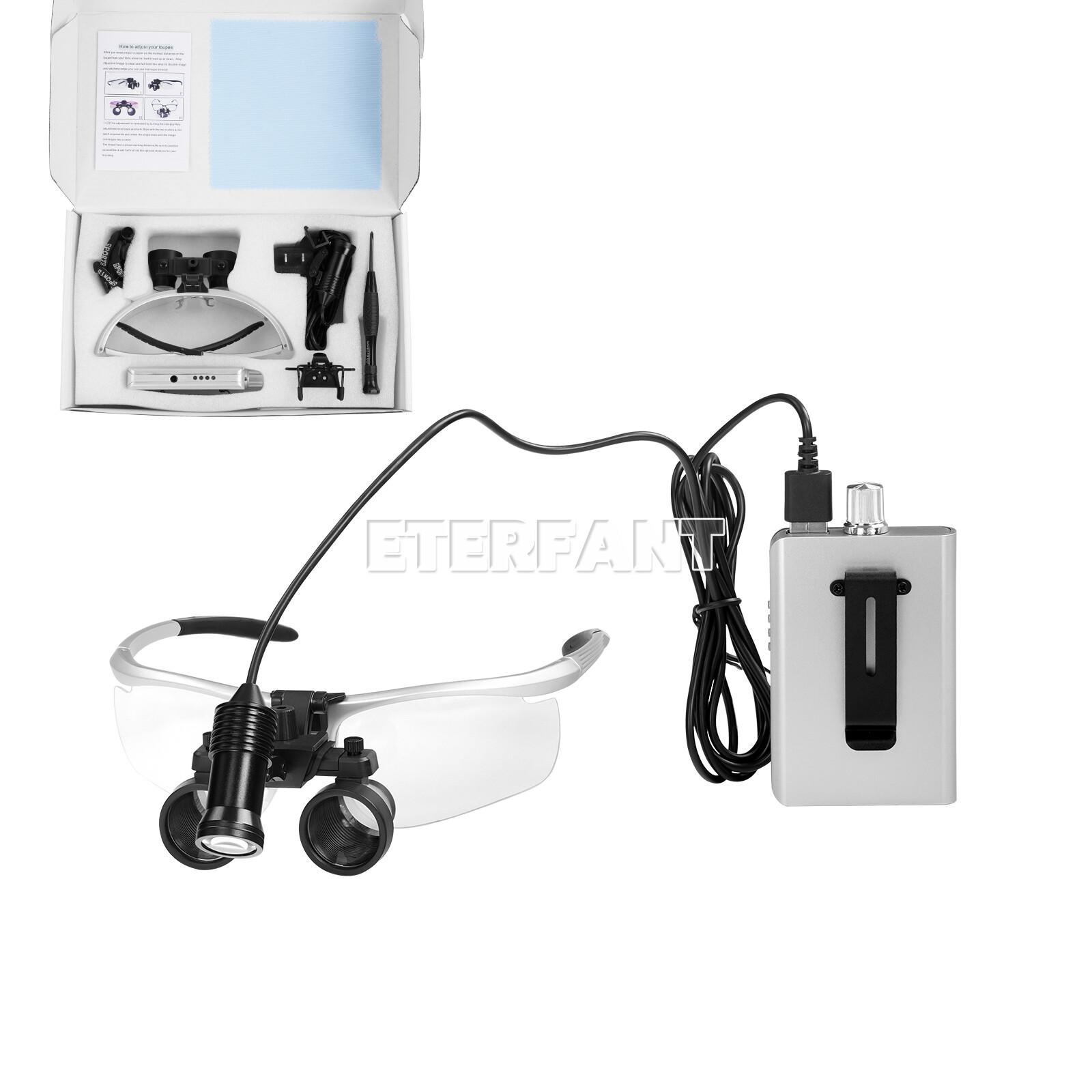 ETERFANT 3.5X Dental HD Binocular Magnifier Loupes Silver+5W LED Head Light Lamp