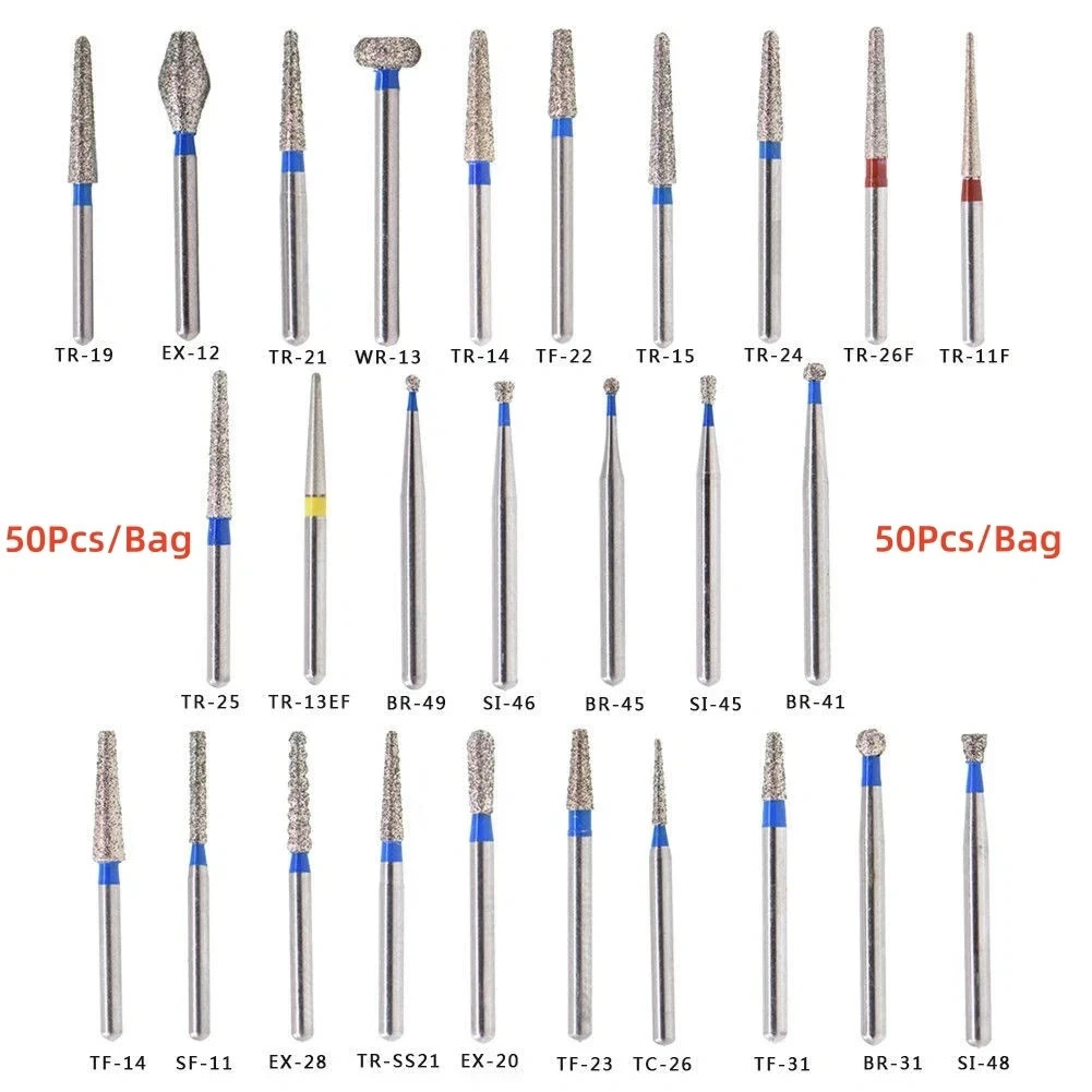 50 Pcs Dental Diamond Burs FG High Speed for Polishing Smoothing Teeth Polishers