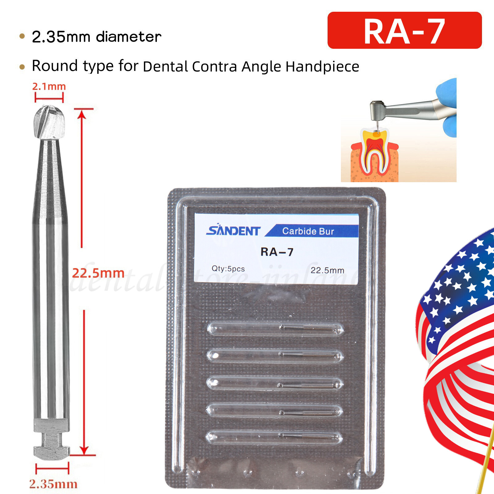 5 pieces Dental 22.5mm Round Carbide Bur Slow Speed Latch Type RA7 Burs USA