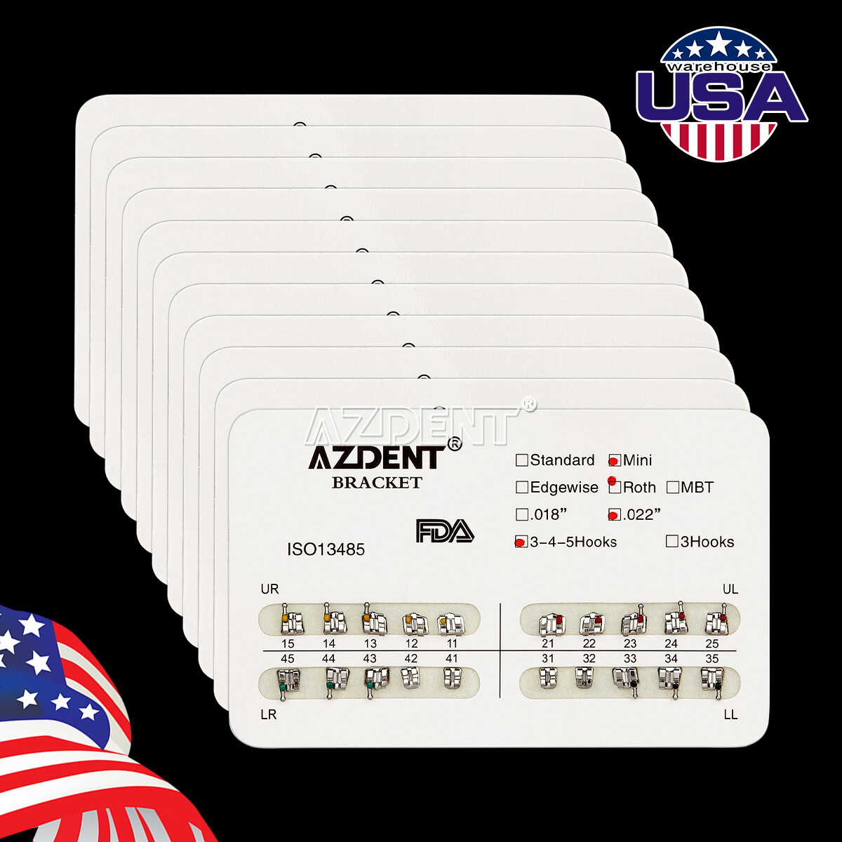 10Packs AZDENT Dental Orthodontic Brackets Braces Mini Roth Slot.022 Hooks 3-4-5