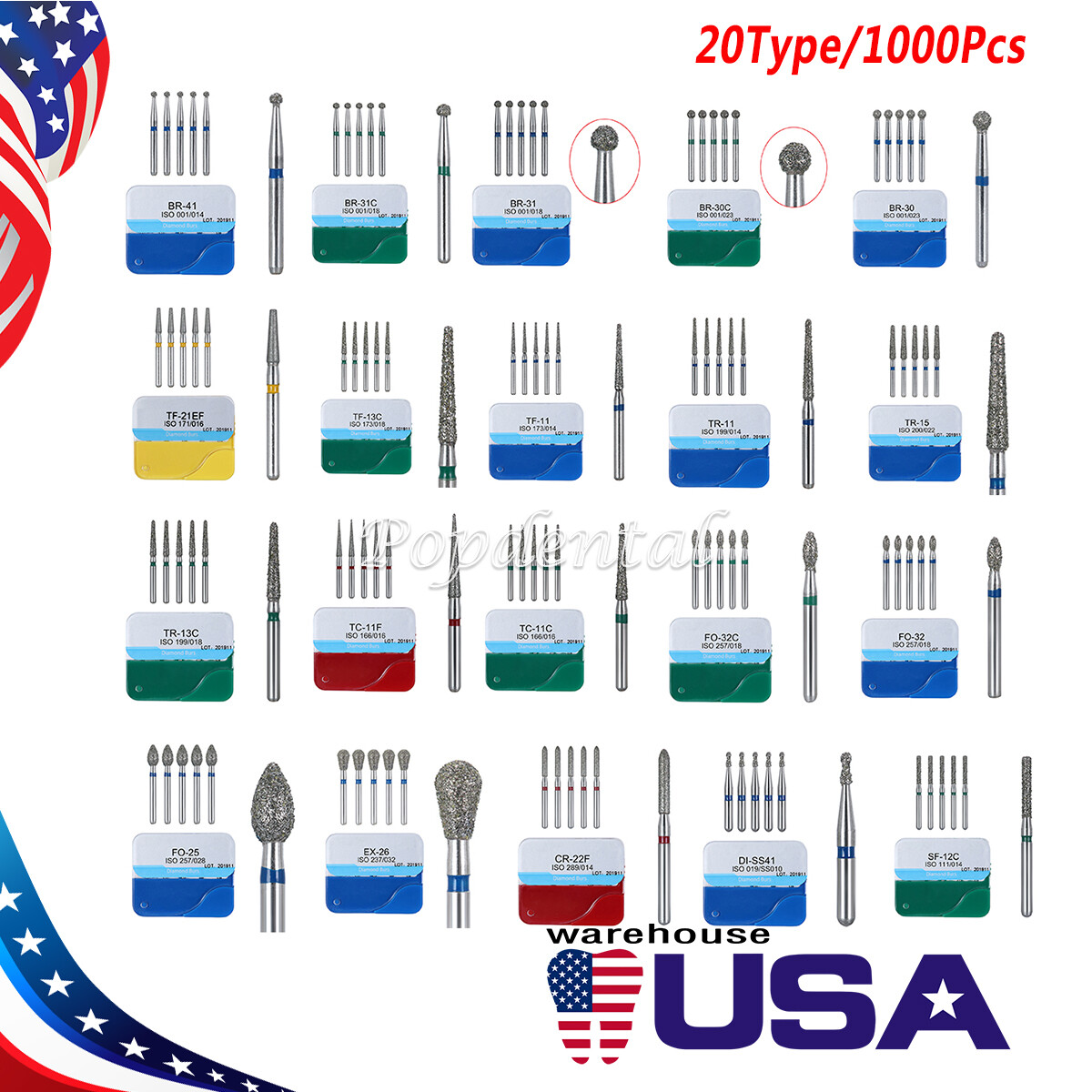 1000Pcs Dental Diamond Burs For High Speed Handpiece Medium FG 1.6MM 20Types