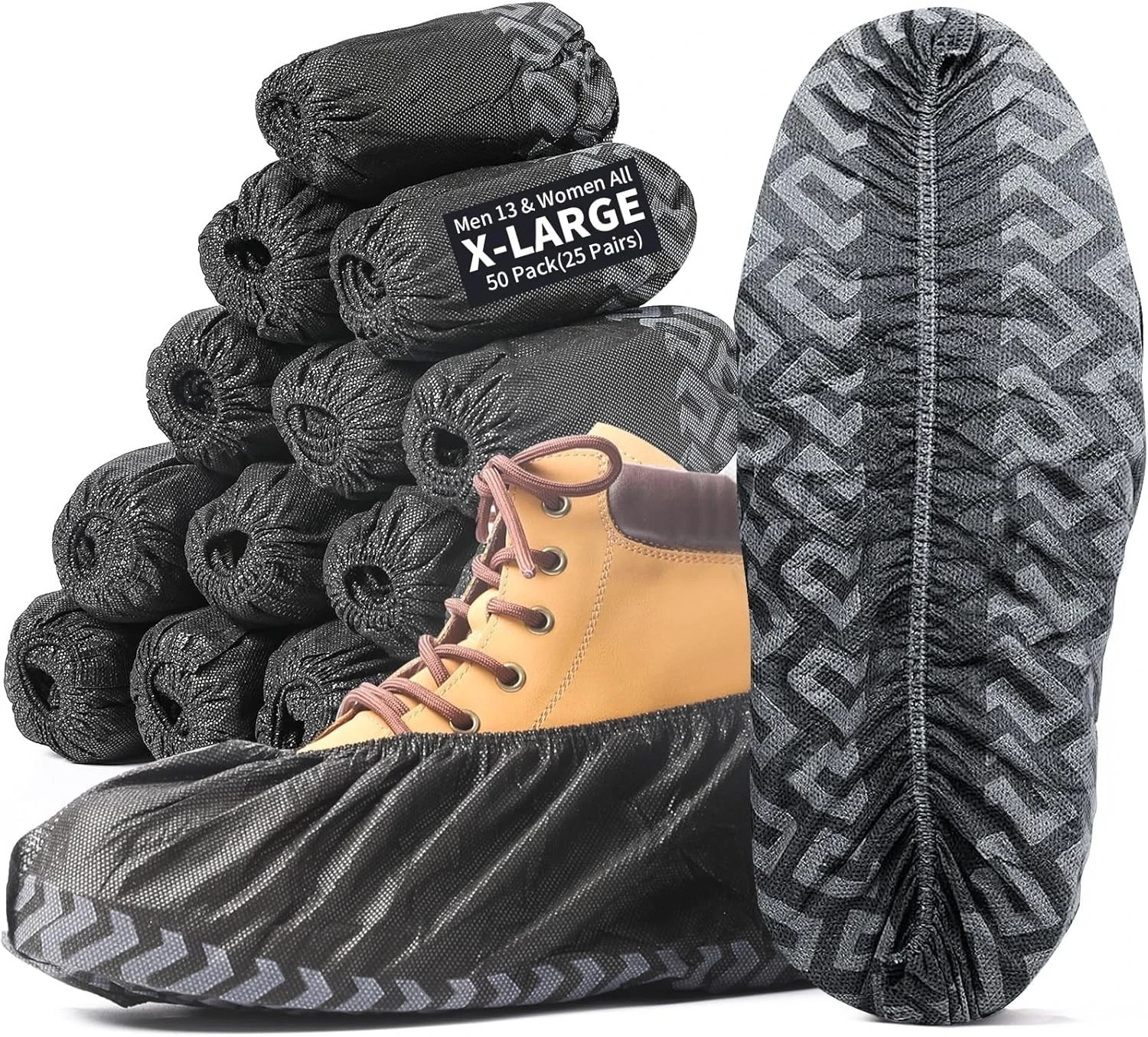X-Large 50 Pack Shoe Covers Disposable Non-Slip Black Non-Woven Fabric Boot