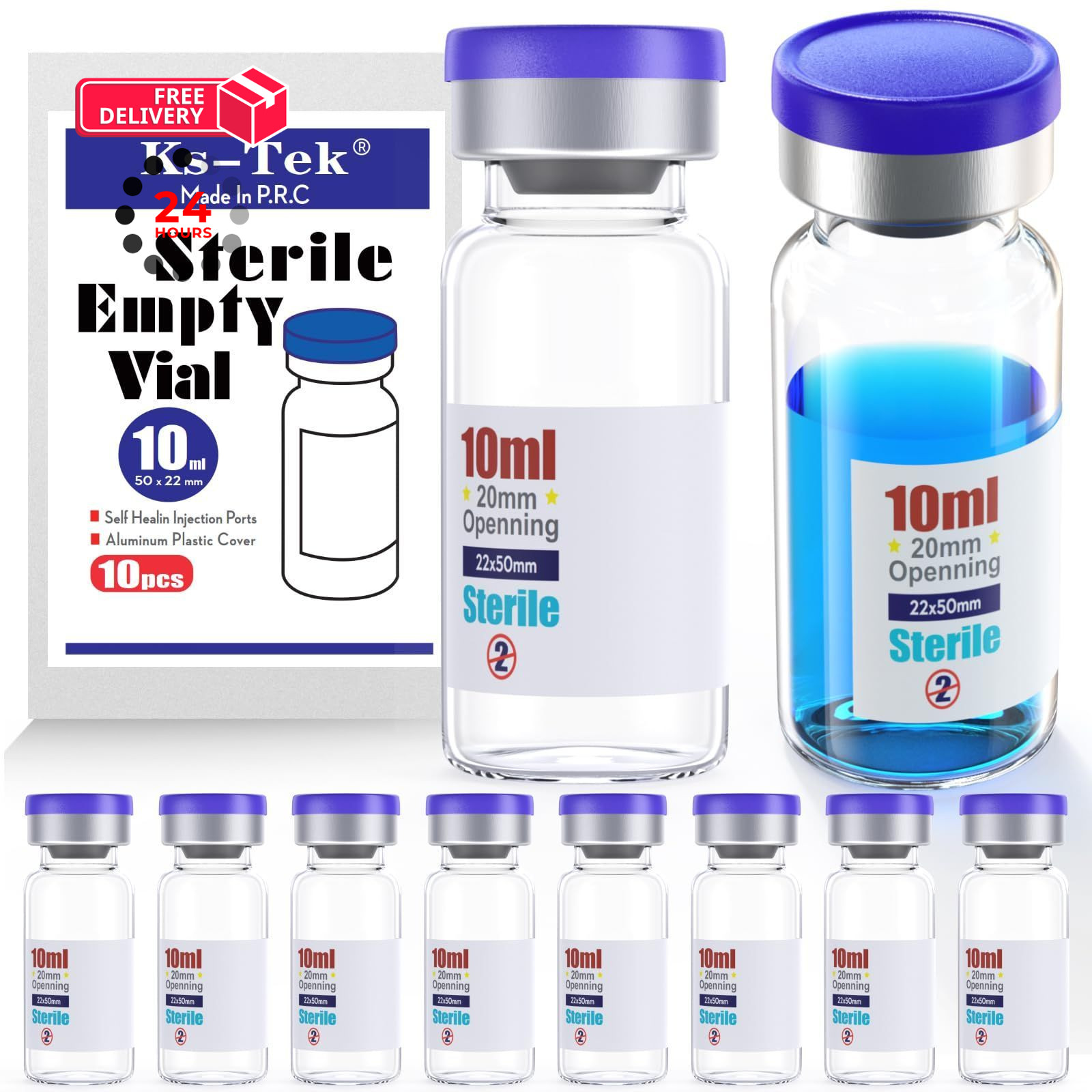 Ks-Tek Sterile Empty Vials with Self Healing Injection 10 ml, Transparent
