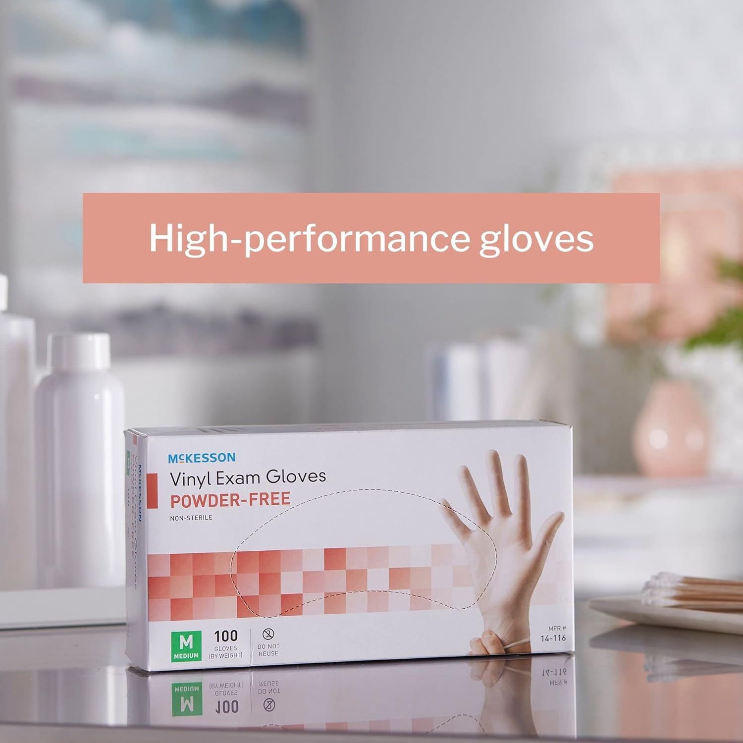 Vinyl Exam Gloves, Non-Sterile, Powder-Free, Medium, 100 Count, 1 Box