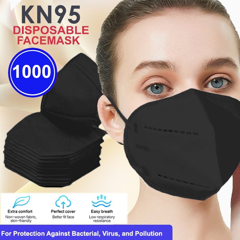 BLACK 5Layers Breathable KN95 Disposable Protective Face Mask Respirator 1000PCS