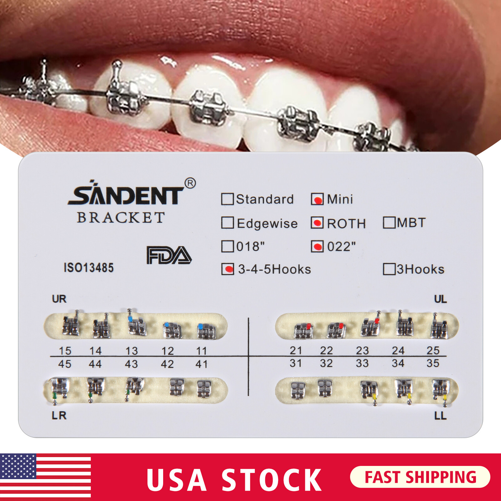 10-200 Packs SANDENT Dental Orthodontic Brackets Braces Mini Roth.022Hooks 3-4-5