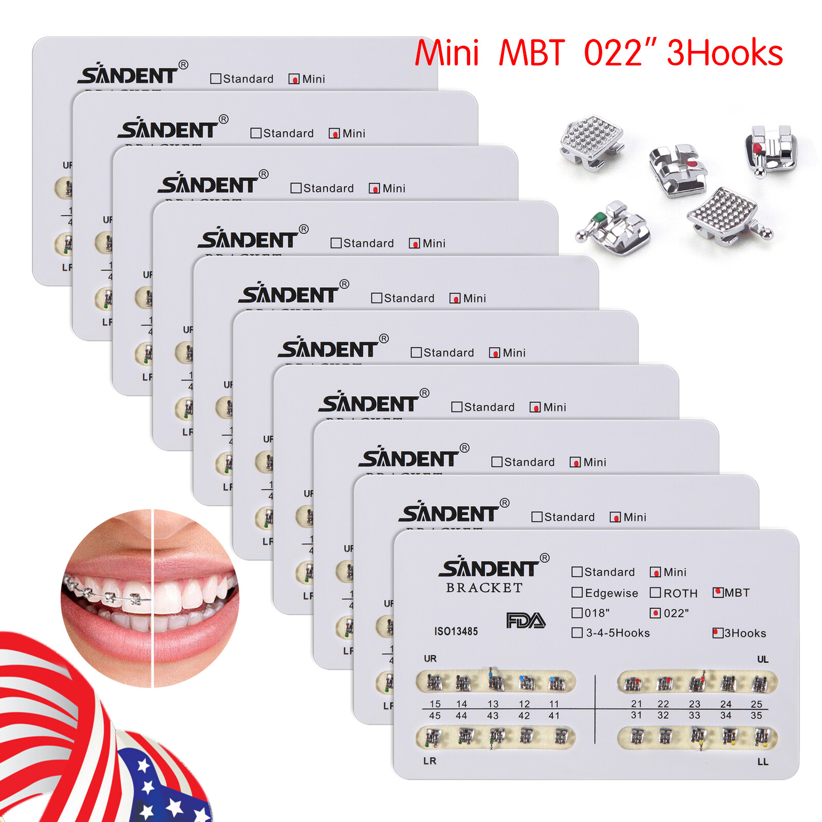 10-200 Packs SANDENT Dental Orthodontic Brackets Braces Mini MBT.022 Slot 3Hooks