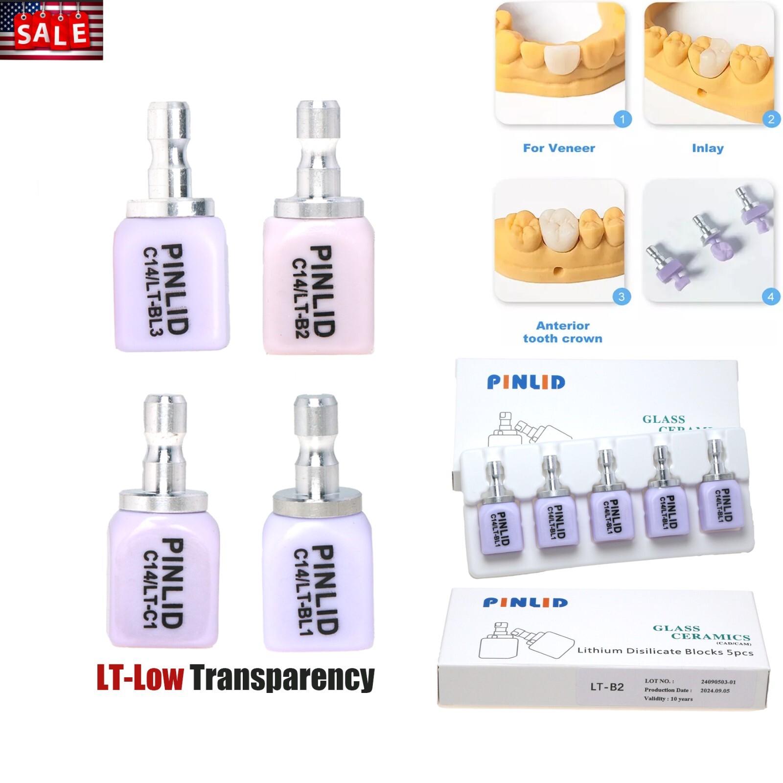 US Dental C14 Glass Ceramic Lithium Dislicate Blocks Cerec CAD CAM Emax 5Pcs/Box