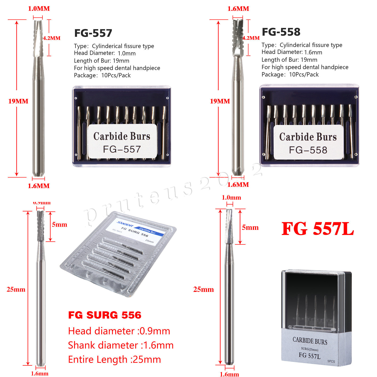 Dental Tungsten Carbide Bur Straight Fissure Cross Cut FG 556 557 558 19/25mm