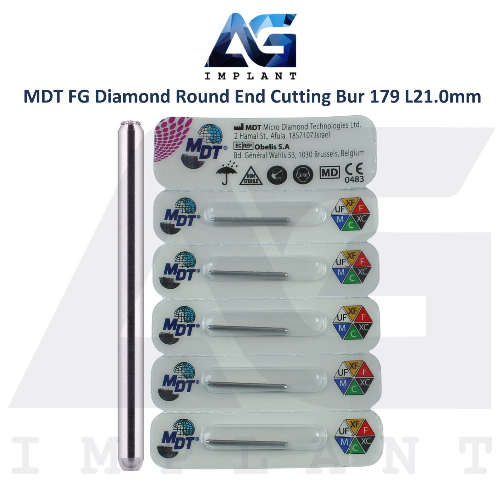 MDT Dental FG Diamond Coated Round End Cutting Bur 179 L21.0mm Ø0.16mmX1.5mm