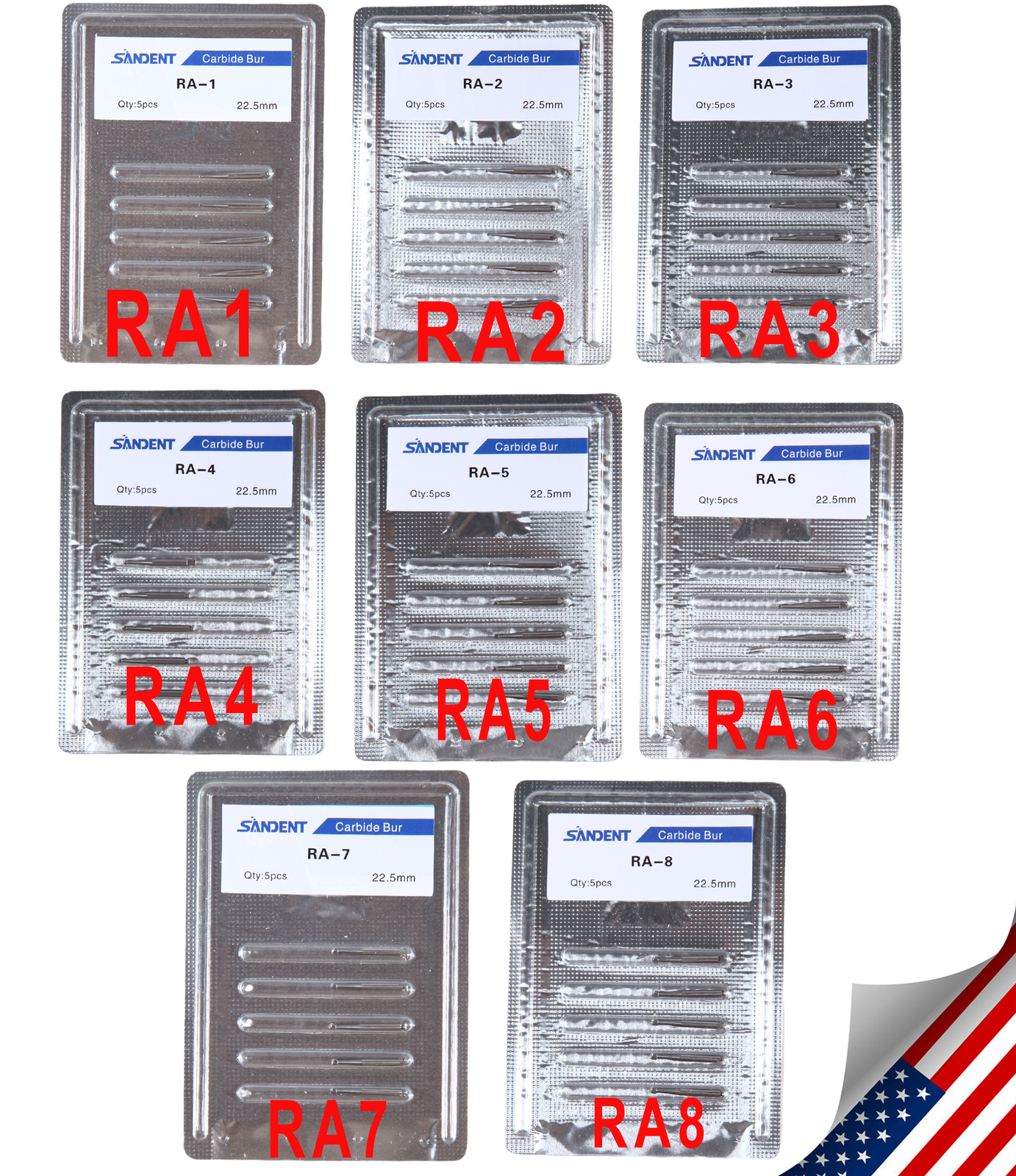 RA #1-8 Regular Round Carbide Burs for Slow Speed Latch Type RA1-RA8 Dental